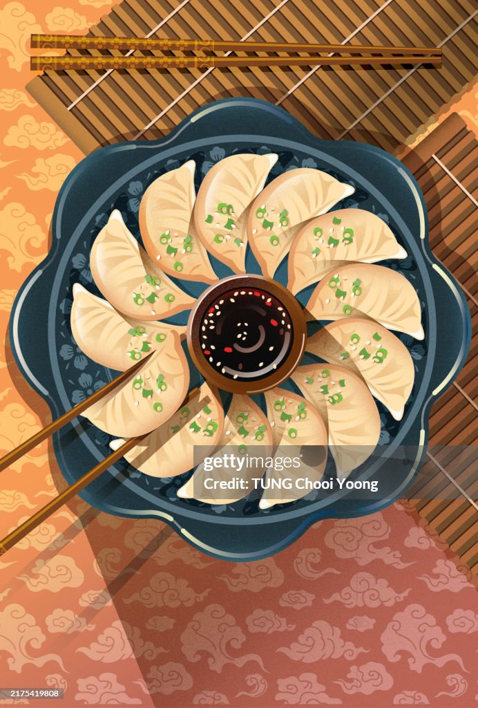 Asian food. Chinese food. Chinese dumpling and dessert in vector.