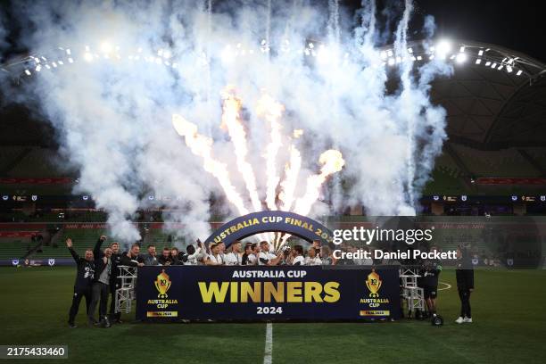 Macarthur FC celebrate winning the 2024 Australia Cup Final match between Melbourne Victory and Macarthur FC at AAMI Park on September 29, 2024 in...