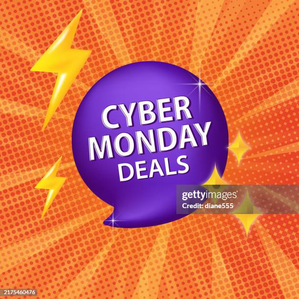 square cyber monday sale ad template. purple speech bubble on an orange pop style background - cyber monday background stock illustrations