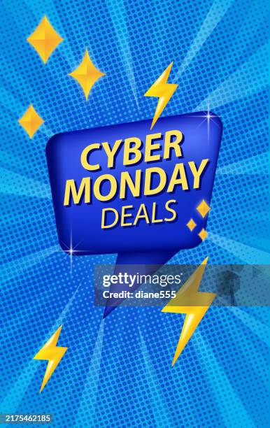vertical cyber monday sale ad template. blue speech bubble on a bright blue pop style background - cyber monday background stock illustrations