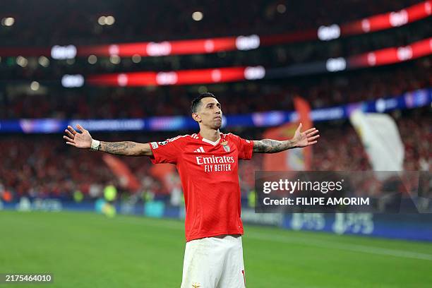 Benfica's Argentine midfielder Angel Di Maria celebrates scoring his team's second goal during the UEFA Champions League, league phase day 2 football...