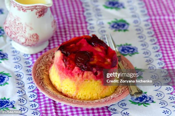 homemade plum pudding with custard - dried plum stock pictures, royalty-free photos & images