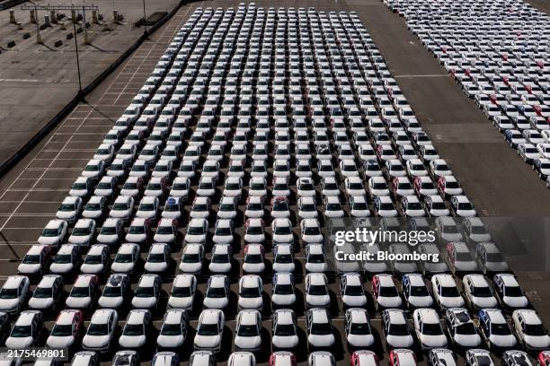 Kia vehicles at the Port of Seattle in Seattle, Washington, US, on Wednesday, Oct. 2, 2024. Dockworkers walked out of every major port on the US East...