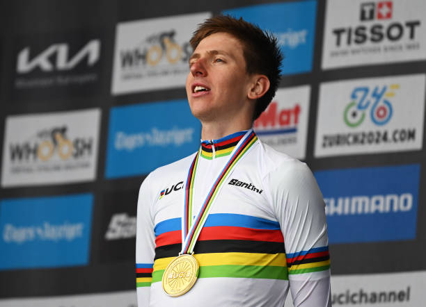 Gold medalist Tadej Pogacar of Team Slovenia poses on the podium during the 97th UCI Cycling World Championships Zurich 2024, Men's Elite Road Race a...