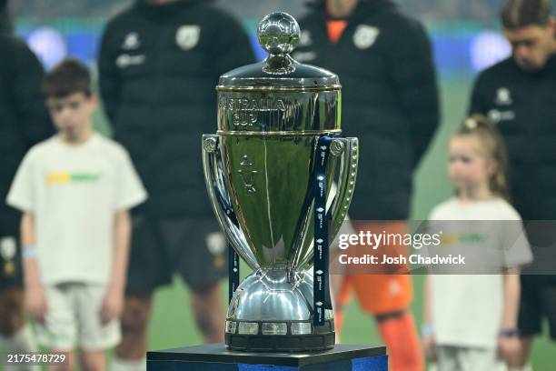 The trophy is seen during the 2024 Australia Cup Final match between Melbourne Victory and Macarthur FC at AAMI Park on September 29, 2024 in...