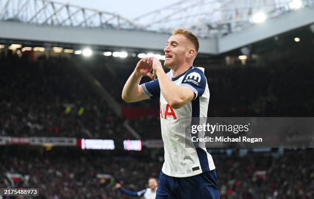 Dejan Kulusevski of Tottenham Hotspur celebrates scoring his team's second goal during the Premier League match between Manchester United FC and...