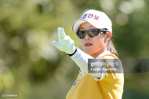Jin Hee Im of South Korea lines up her shot from the third tee during the final round of the Walmart NW Arkansas Championship presented by P&G 2024...