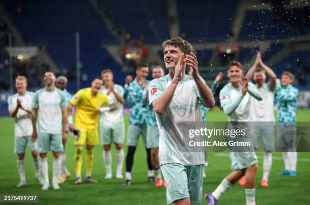 Jens Stage of Werder Bremen acknowlegdes the fans after the Bundesliga match between TSG 1899 Hoffenheim and SV Werder Bremen at PreZero-Arena on...