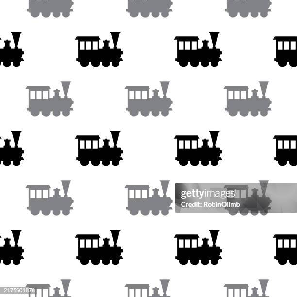 black and gray train engines seamless pattern - steam engine stock illustrations