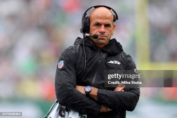 Head coach Robert Saleh of the New York Jets looks on against the Denver Broncos during the first half at MetLife Stadium on September 29, 2024 in...