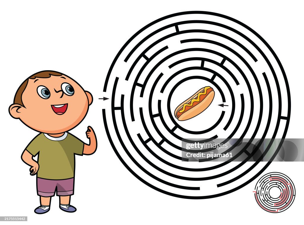 Boy and hot dog. Labyrinth. Puzzle. Maze game for kids.