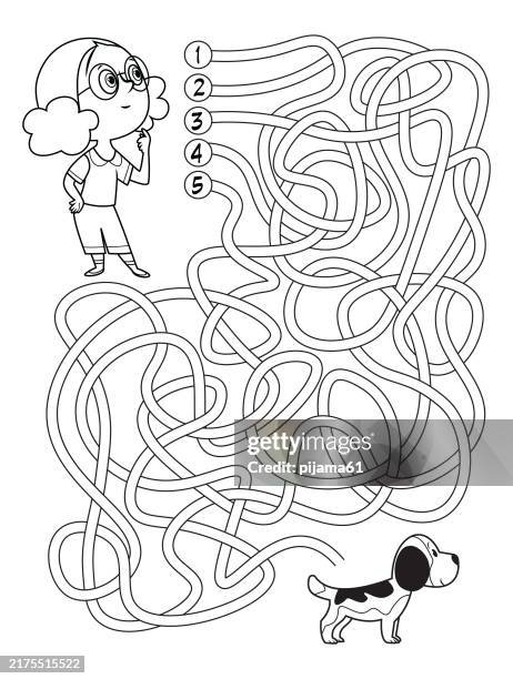 ilustrações de stock, clip art, desenhos animados e ícones de maze vector drawing for kids. little girl and cute dog - labirinto