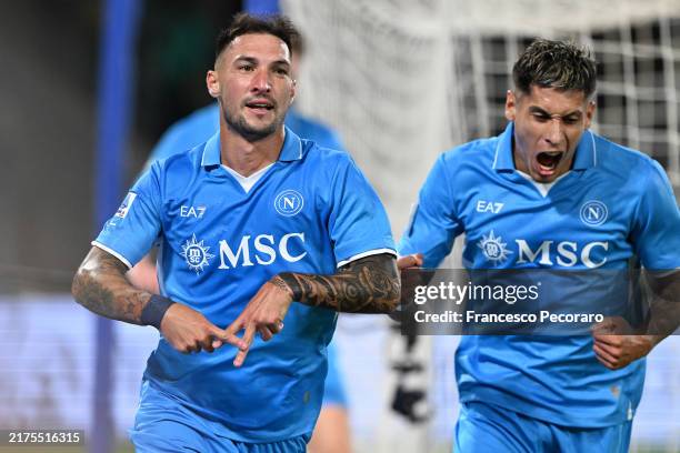 Matteo Politano of SSC Napoli celebrates after scoring his sides first goal during the Serie A match between Napoli and Monza at Stadio Diego Armando...