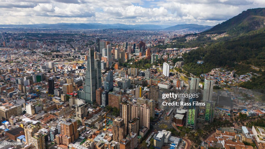 Bogotá, Colombia - A high angle view of the large modern Andean city as seen from the Monserrate mountain peak about 1,500 feet above the height of the capital.