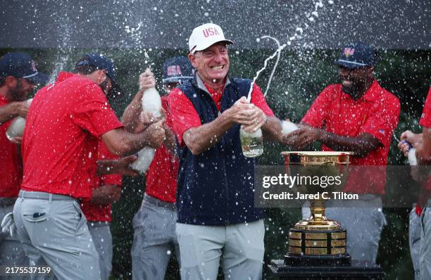 Team Captain Jim Furyk celebrates after winning the 2024 Presidents Cup at The Royal Montreal Golf Club on September 29, 2024 in Montreal, Quebec,...