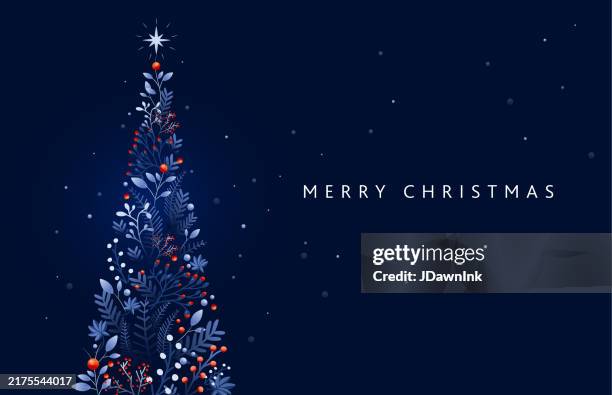 stockillustraties, clipart, cartoons en iconen met merry christmas greeting card design template in dark blue with christmas tree made from hand drawn branches and florals - kerstboom