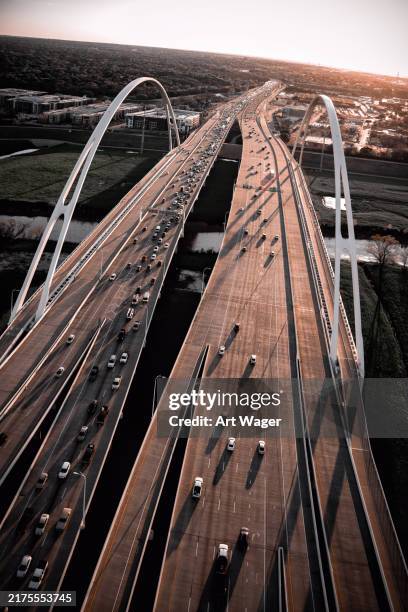 margaret mcdermott bridge aerial - trinity river dallas stock pictures, royalty-free photos & images