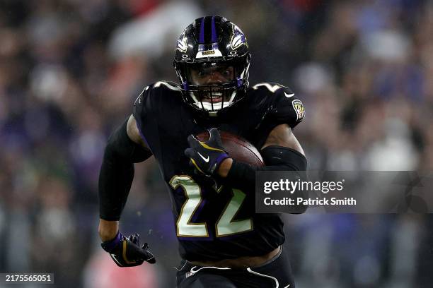 Derrick Henry of the Baltimore Ravens runs the ball during the fourth quarter against the Buffalo Bills at M&T Bank Stadium on September 29, 2024 in...
