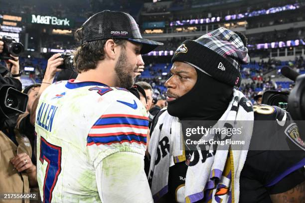 Josh Allen of the Buffalo Bills and Lamar Jackson of the Baltimore Ravens embrace after the game at M&T Bank Stadium on September 29, 2024 in...