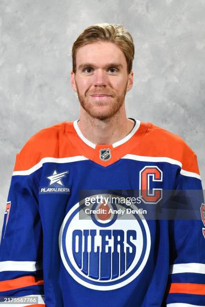 Connor McDavid of the Edmonton Oilers poses for his official headshot for the 2024-2025 season on September 18, 2024 at Rogers Place in Edmonton,...
