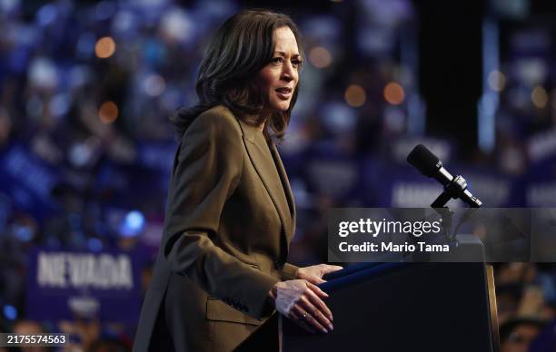 Democratic presidential nominee, Vice President Kamala Harris pauses while speaking during a campaign rally at the Expo at World Market Center on...
