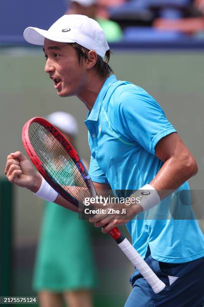 Shintaro Mochizuki of Japan reacts in the 1st Round Qualifying match against Linang Xiao of China on Day 1 of 2024 Shanghai Rolex Masters at Qi Zhong...