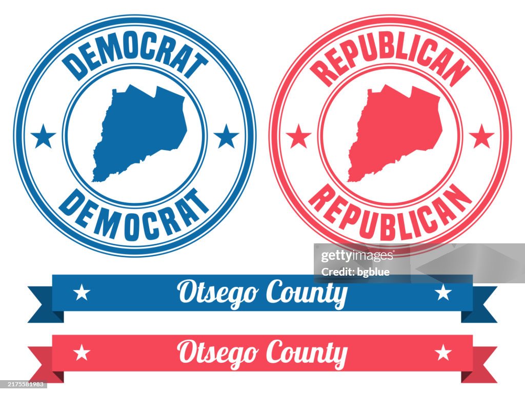 Otsego County, New York. Map on rubber stamp with banner