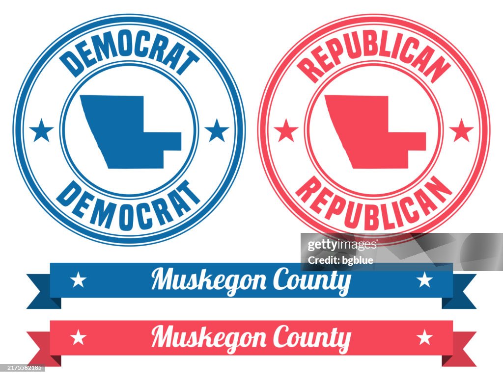 Muskegon County, Michigan. Map on rubber stamp with banner