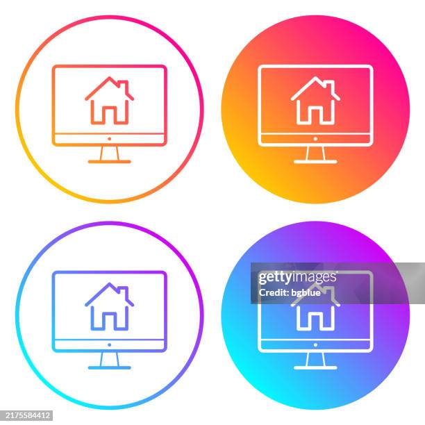 desktop computer with smart home. round icons with color gradients - using desktop computer at home stock illustrations