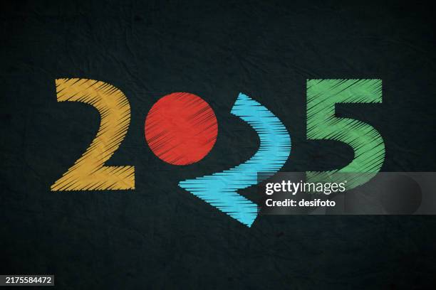 creative comic fun horizontal vector backgrounds or poster or banner with text year 2 0 2 5 in vibrant colourful stroking pattern over grunge textured black backdrop like a wrinkled crepe paper with a tilted 2 for fun 2025 happy new year greeting card - tissue paper background stock illustrations