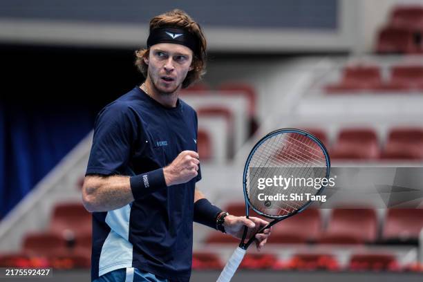 Andrey Rublev reacts in the Men's Singles Second Round against Alejandro Davidovich Fokina of Spain during day eight of the 2024 China Open at...