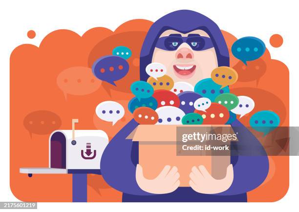 hacker holding carton of speech bubbles beside mailbox - scammer stock illustrations