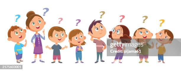 bildbanksillustrationer, clip art samt tecknat material och ikoner med children ponder the question. cartoon characters girl and boy for children design. knowledge and education concept. - flickor