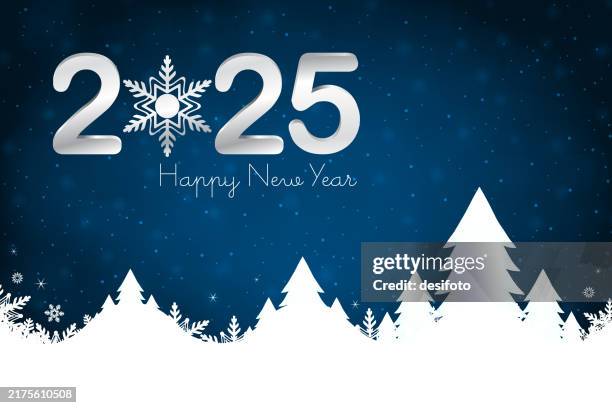 glitzernde weihnachten horizontale dunkle mitternachtsmarine vektor blaue hintergründe mit text frohes neues jahr 2 0 2 5 und eine weiß gefärbte schneebedeckte bergkette mit nadelbäumen und schneeflocken und glänzenden punkten vor einem hellen, lebend - wunsch stock-grafiken, -clipart, -cartoons und -symbole