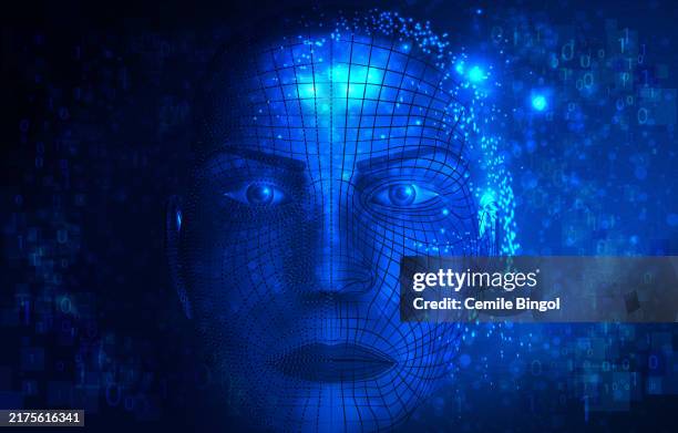 artificial intelligence with digital human face - android head 3d stock illustrations