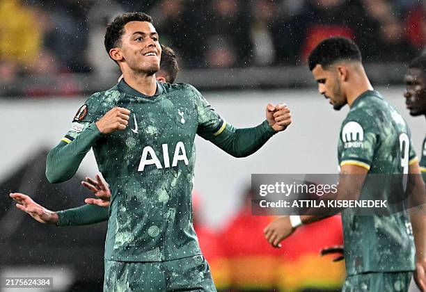 Tottenham Hotspur's Welsh striker Brennan Johnson celebrates after scoring the 2-0 goal during the UEFA Europa League football match between...
