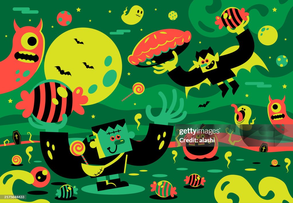Prince Vampire is flying and carrying Pumpkin Pie and Sweet Candy, and Frankenstein is welcoming. It is a whimsical Halloween party, with Halloween backgrounds, including a Full Moon, Bat, Ghost, Candy, Eyeball, Monster, Coffin, and Jack-O-Lantern