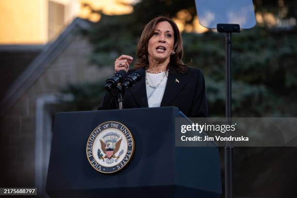 Vice President and Democratic Presidential nominee Kamala Harris speaks during a rally at Ripon College on October 3, 2024 in Ripon, Wisconsin. The...