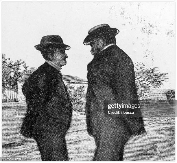 antique image: secret service agent in spain during the spanish-american war, general weyler talking with man - secret service stock illustrations