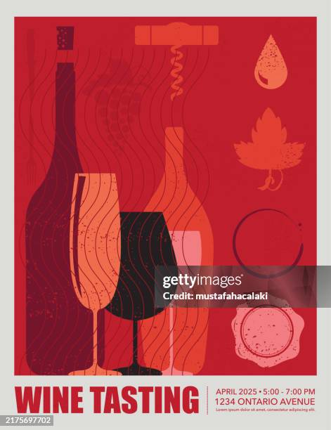 ilustraciones, imágenes clip art, dibujos animados e iconos de stock de diseño de invitaciones a eventos de cata de vinos - vino