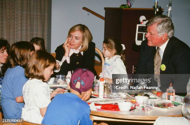 Hillary Rodham Clinton visits children’s hospital 'Patients Entertainment Center' with Senator Ted Kennedy and his wife Vicky.