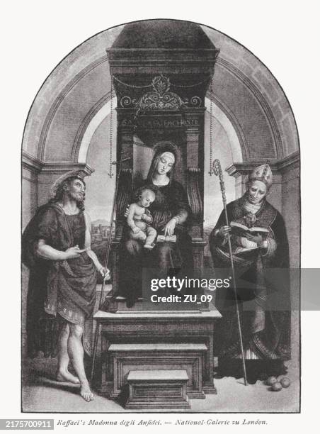 madonna ansidei, painted (1505/07) by raphael, halftone print, published 1890 - saint nicholas stock illustrations