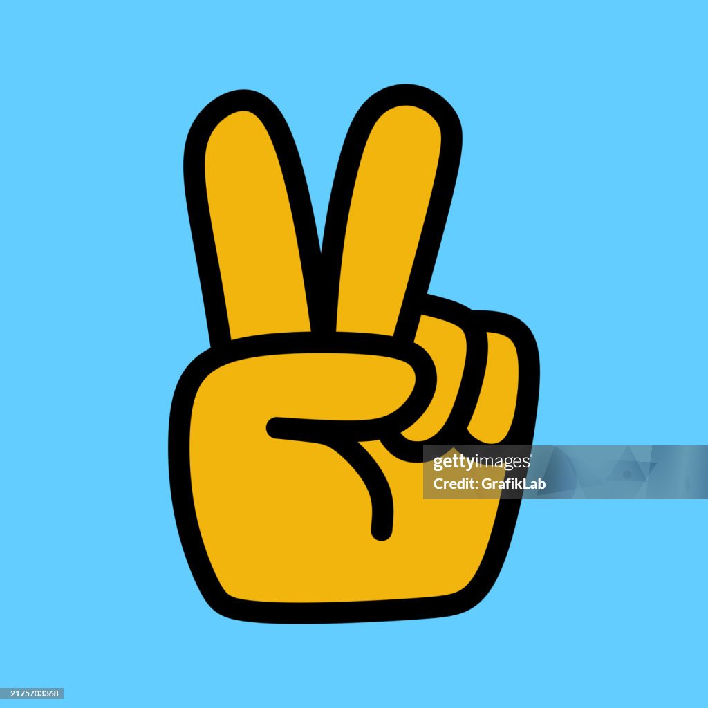 Cartoon Yellow Peace Sign Hand Gesture on Blue Background
