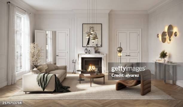 salon spacieux avec décor contemporain et cheminée - foyer de cheminée photos et images de collection