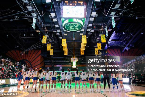 The San Jose State University Spartans line up for the playing of the national anthem and player introductions for their NCAA Mountain West women's...