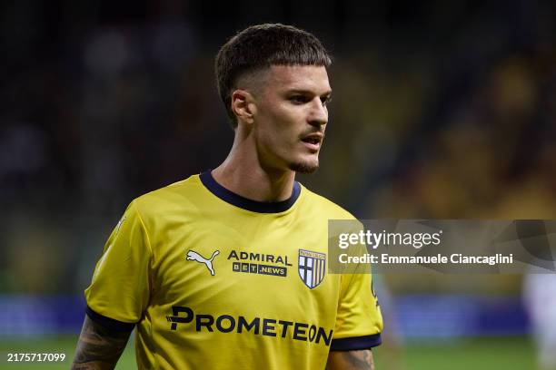 Dennis Man of Parma Calcio looks on during the Serie A match between Parma and Cagliari at Stadio Ennio Tardini on September 30, 2024 in Parma, Italy.