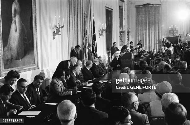 President Lyndon Johnson sits before giving a press conference on July 01, 1968 in the East room at the White House in Washington DC, during the...