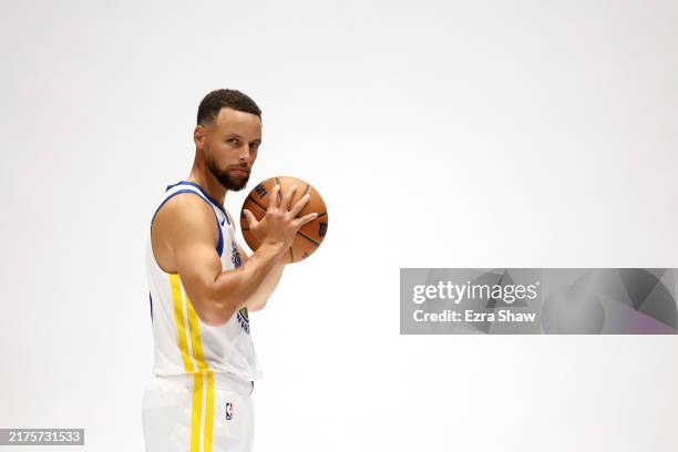 Stephen Curry of the Golden State Warriors poses for the media during the Warriors Media Day at Chase Center on September 30, 2024 in San Francisco,...
