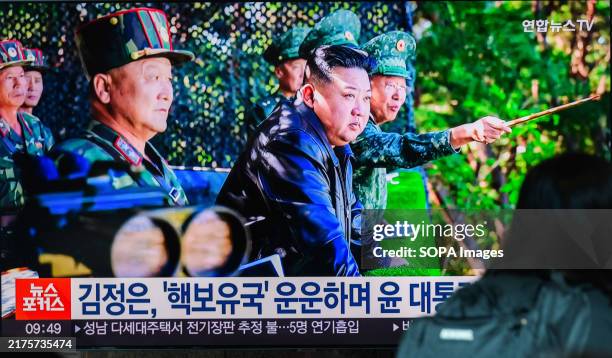 Hour Yonhap News TV broadcast at Yongsan Railway Station in Seoul shows North Korean leader Kim Jong Un inspecting a training base of the Korean...