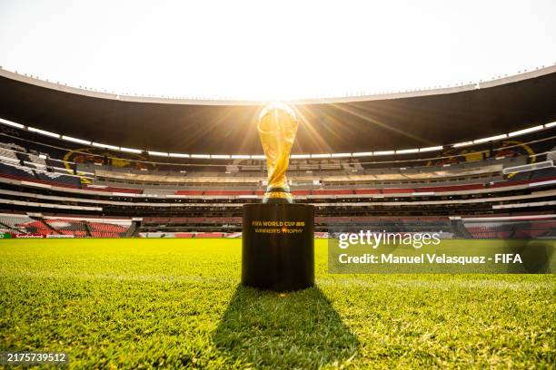 World Cup Trophy is displayed on a plinth at Azteca Stadium on April 21, 2024 in Mexico City, Mexico.